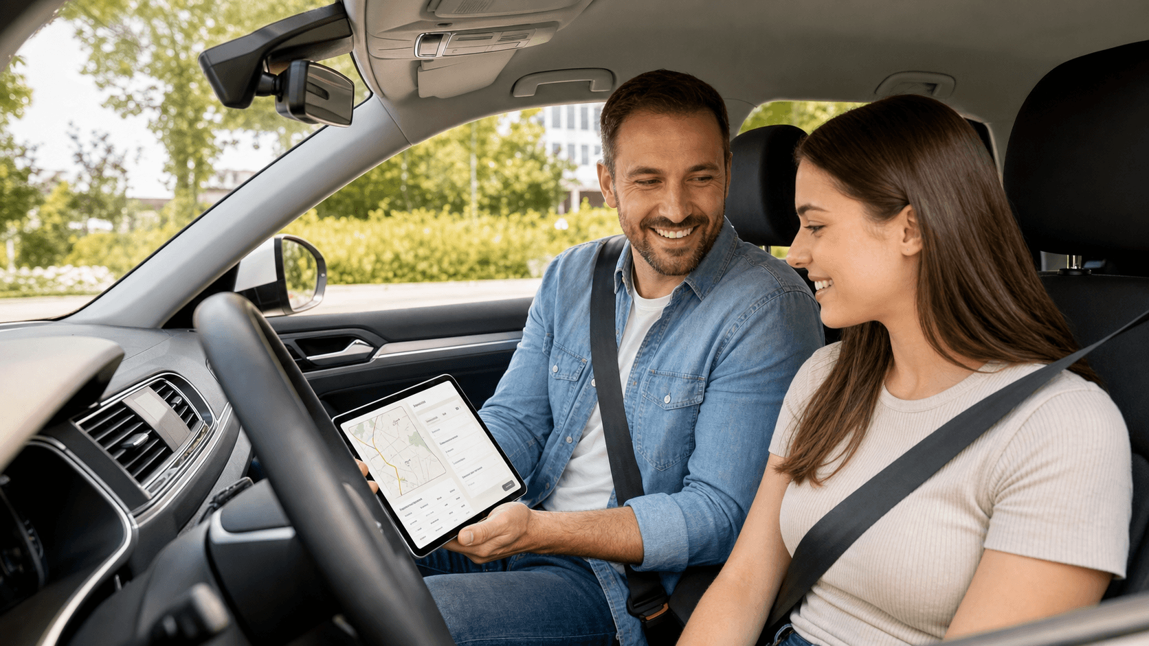 Fahrlehrer und Fahrschülerin prüfen eine digitale Fahrtenübersicht im Auto.